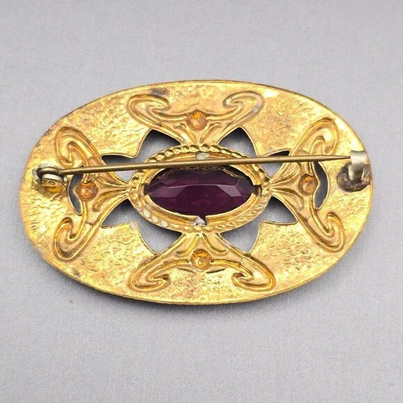 Art Nouveau Style Gold Tone Sash Pin Brooch Faceted Amethyst Glass Statement - Picture 6 of 10